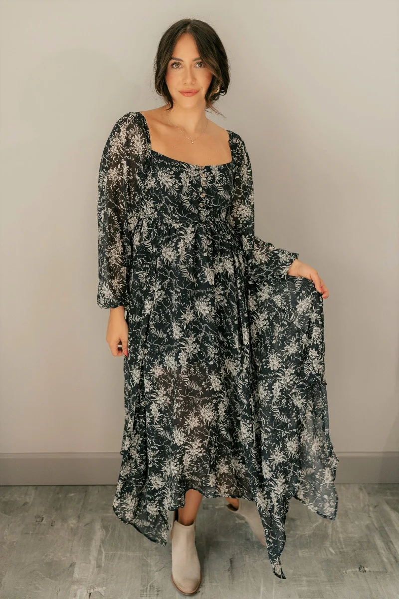 Paloma Charcoal & Cream Floral Long Sleeve Midi Dress - Image 2