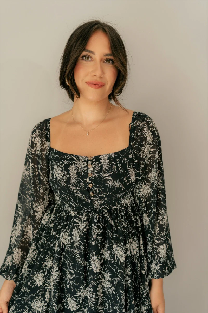 Paloma Charcoal & Cream Floral Long Sleeve Midi Dress - Image 3