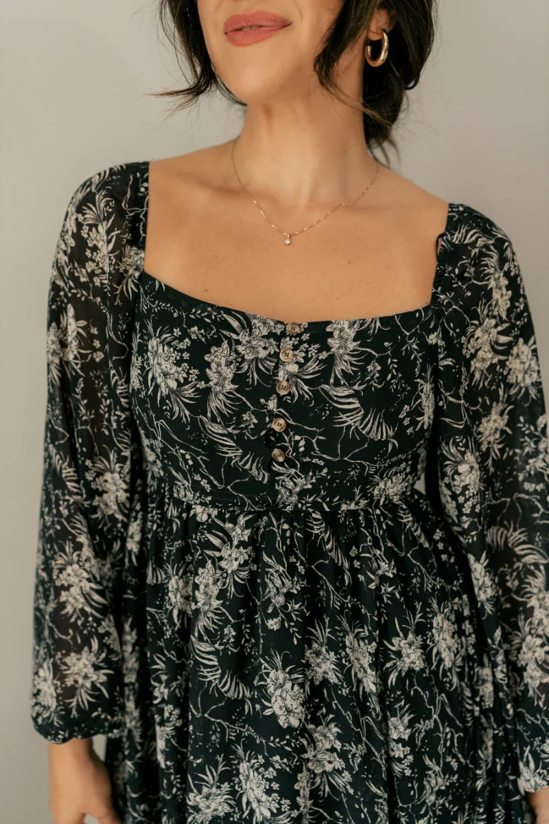Paloma Charcoal & Cream Floral Long Sleeve Midi Dress - Image 4