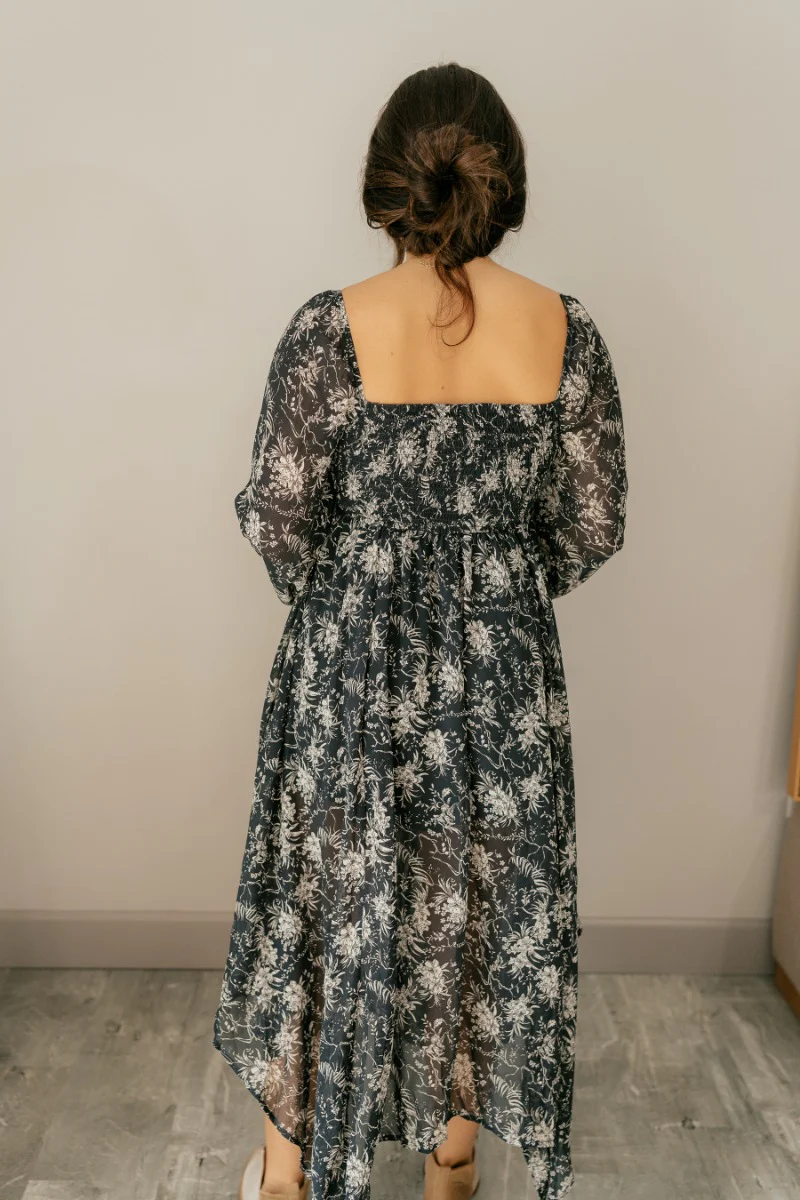 Paloma Charcoal & Cream Floral Long Sleeve Midi Dress - Image 6