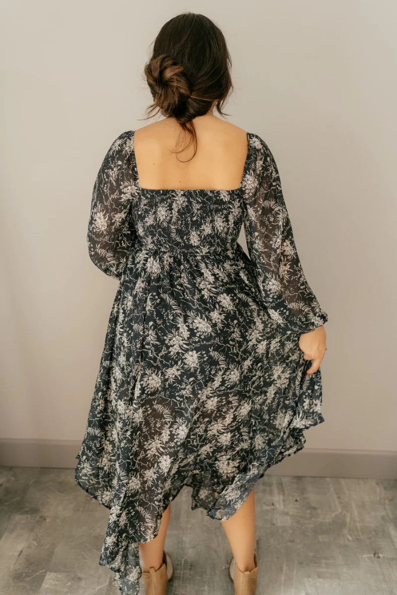 Paloma Charcoal & Cream Floral Long Sleeve Midi Dress - Image 7