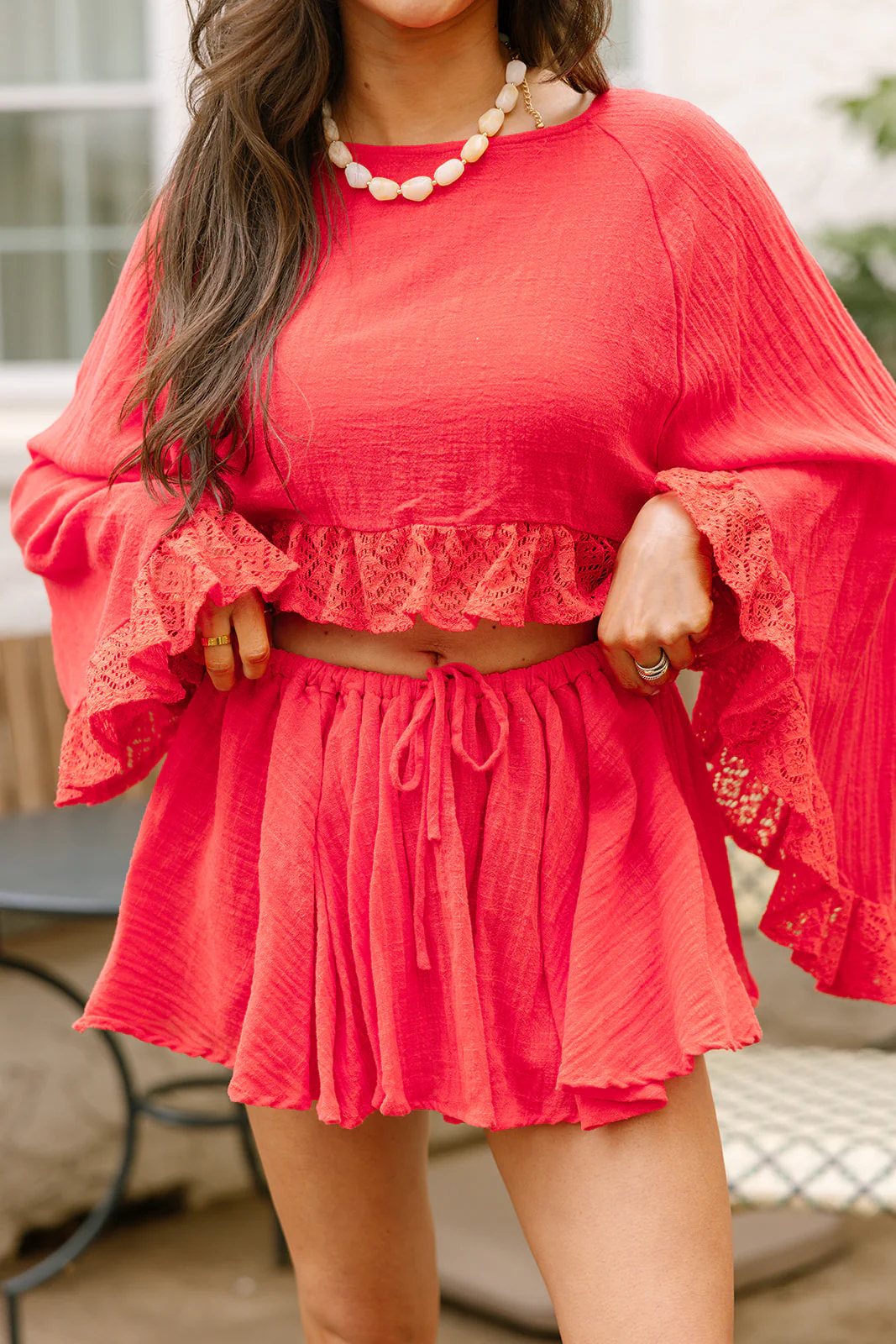 Paloma Red Orange Ruffle Lace Shorts - Image 2