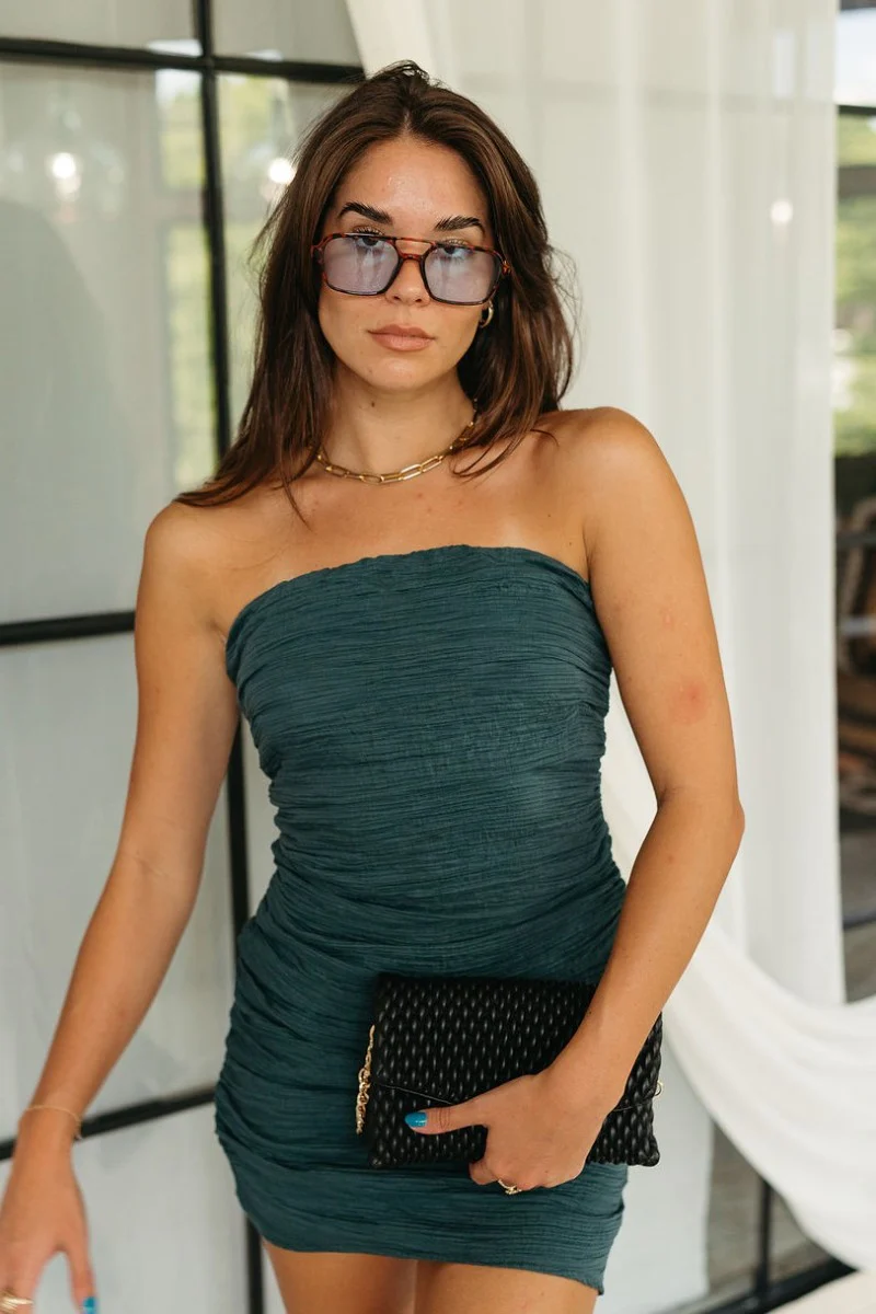 Party Time Ruched Teal Strapless Mini Dress - Image 3