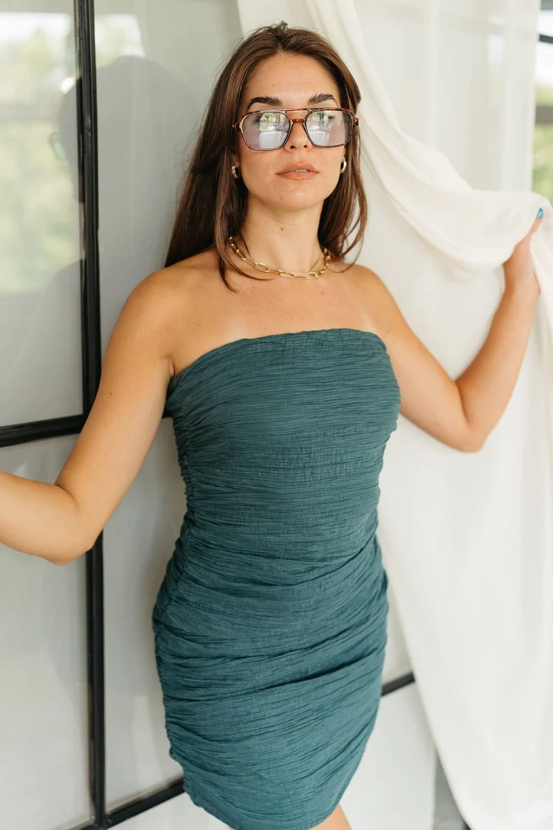 Party Time Ruched Teal Strapless Mini Dress - Image 4