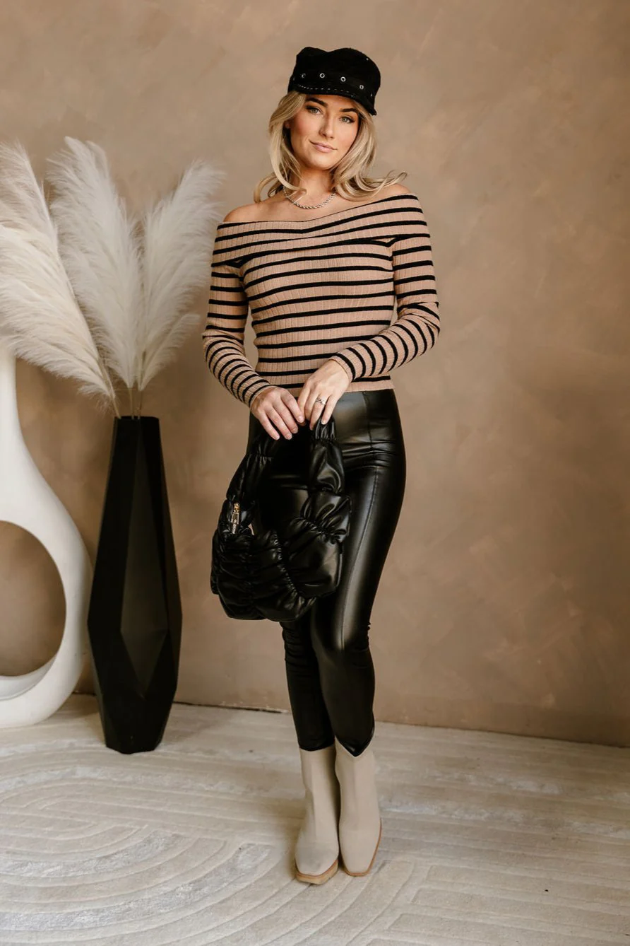 Patricia Tan & Black Striped Off-The-Shoulder Top