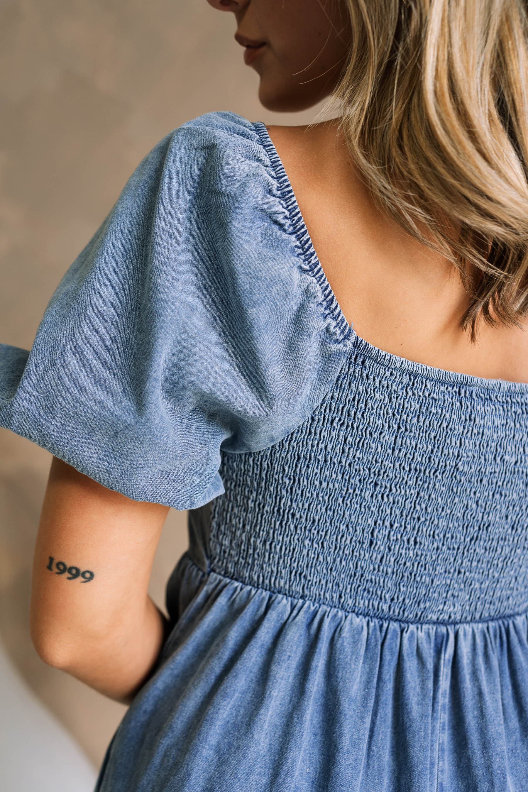 Patricia Washed Denim Puff Sleeve Romper - Image 7