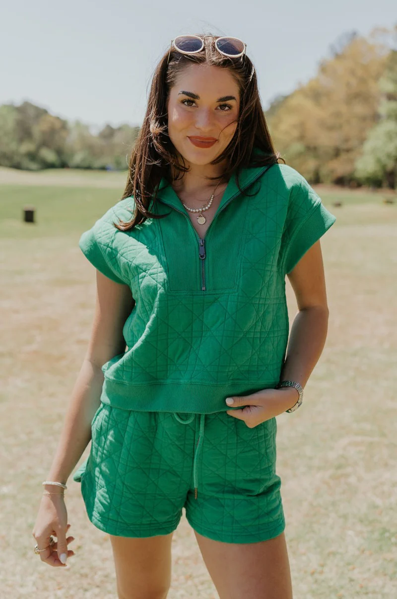 Paulina Green Quilted Quarter Zip-Up Top
