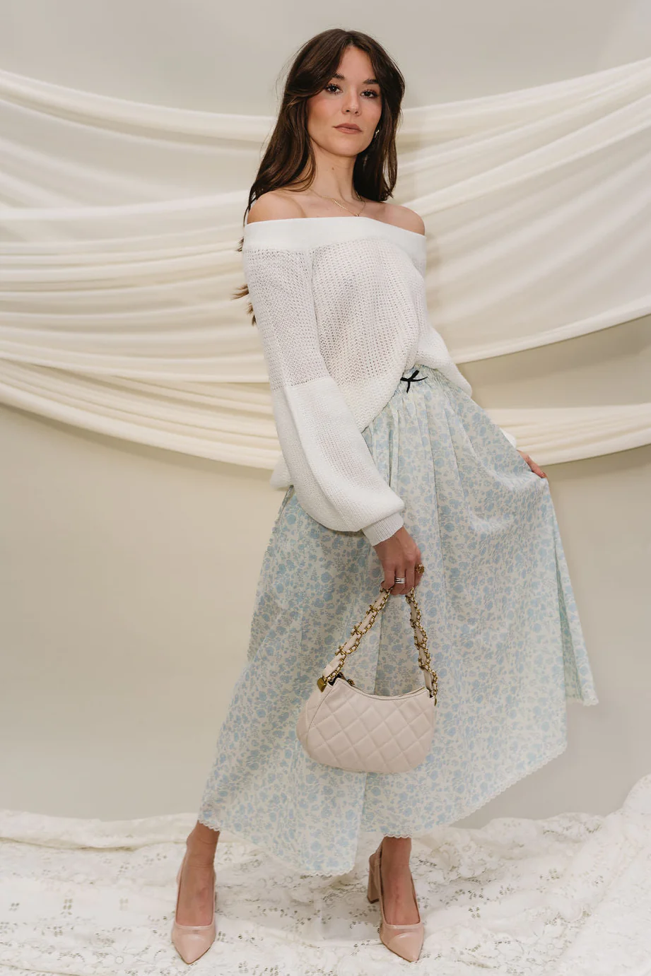 Penelope Light Blue & Cream Floral Skirt - Image 2