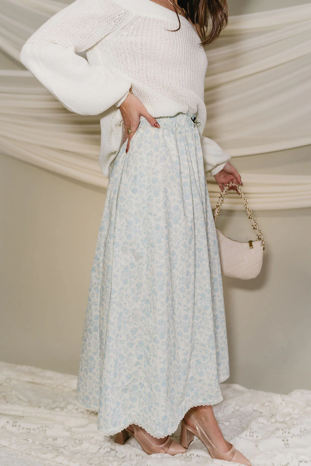 Penelope Light Blue & Cream Floral Skirt - Image 3