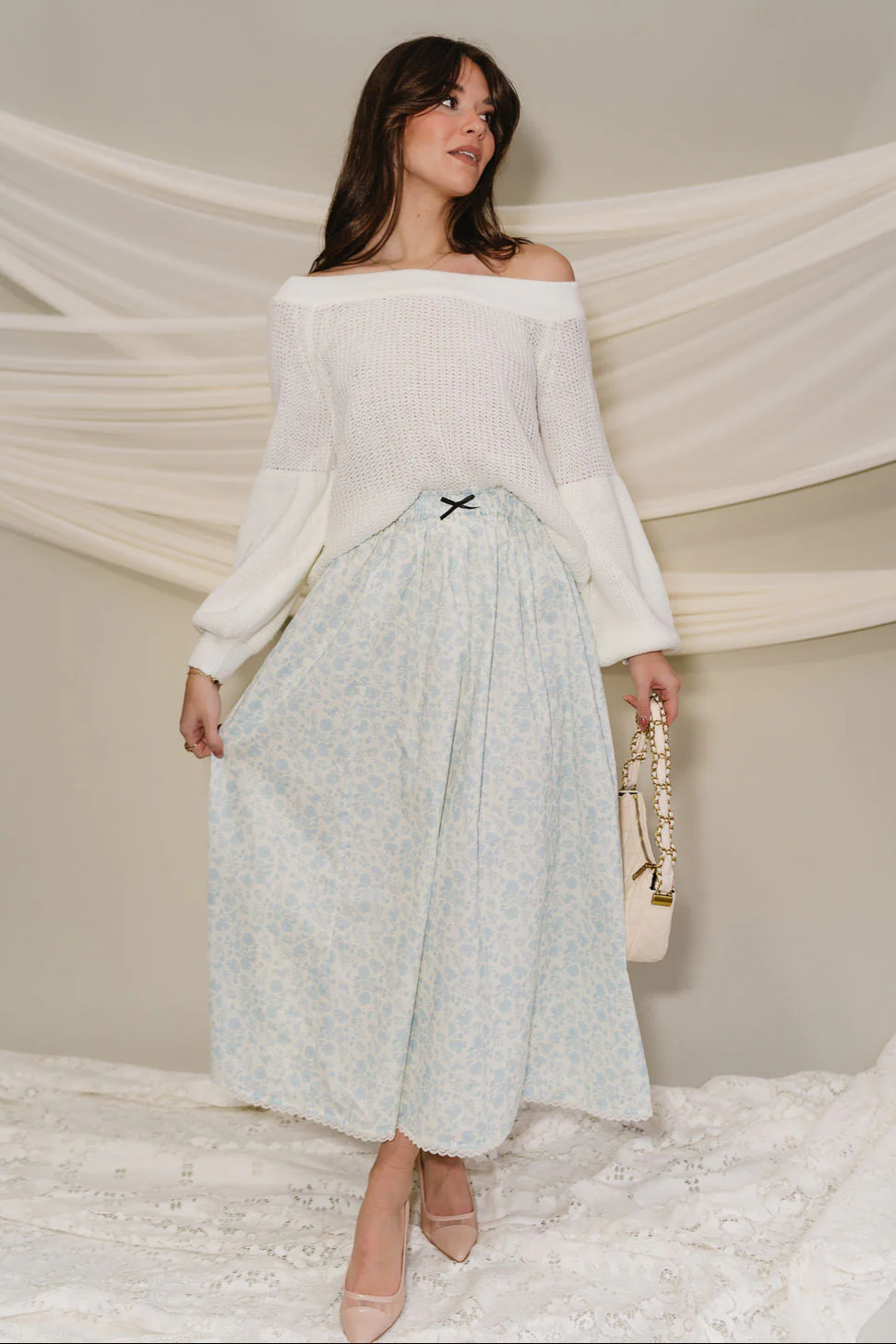 Penelope Light Blue & Cream Floral Skirt - Image 5