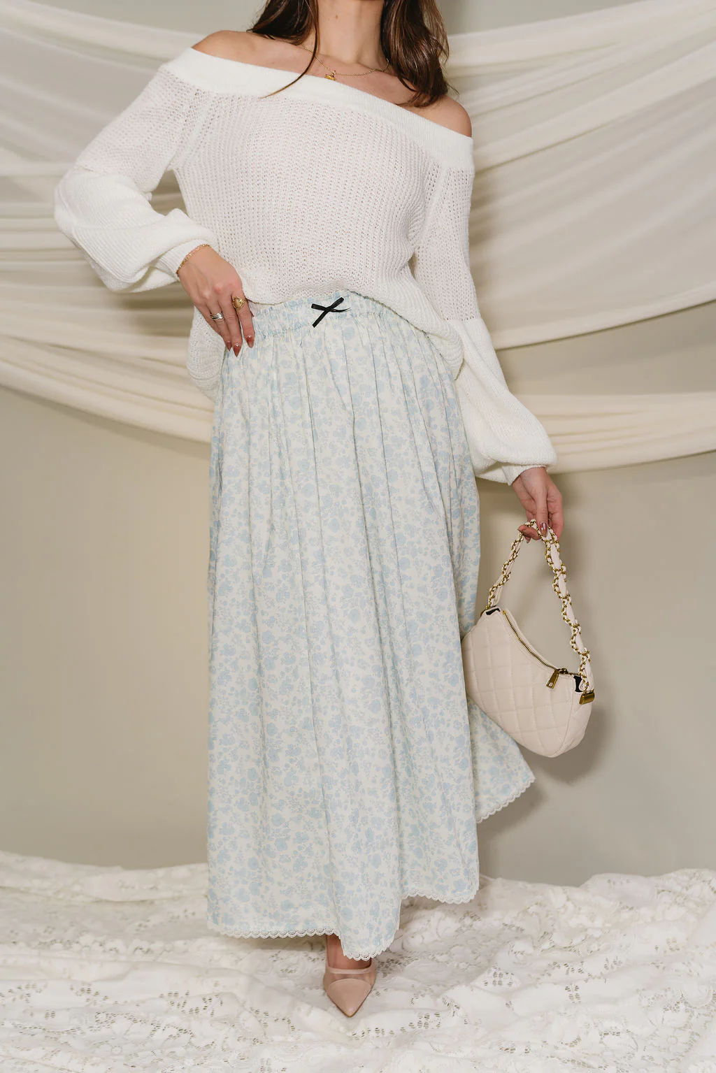Penelope Light Blue & Cream Floral Skirt - Image 6