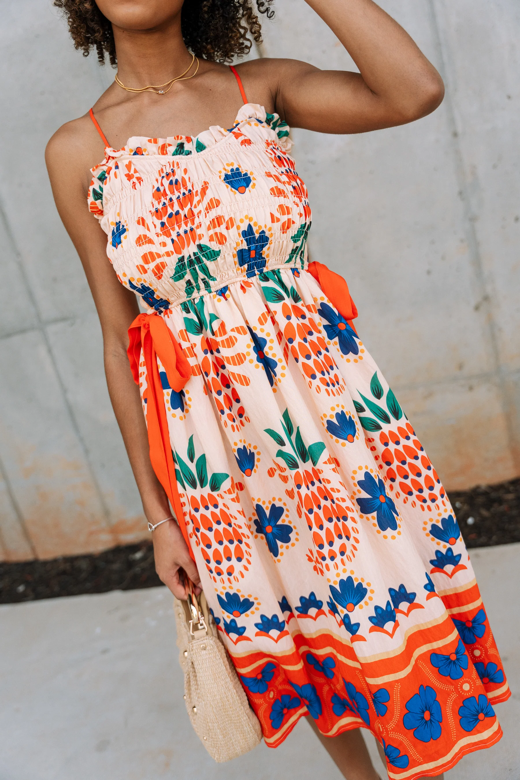 Penelope Orange Tropical Print Midi Dress