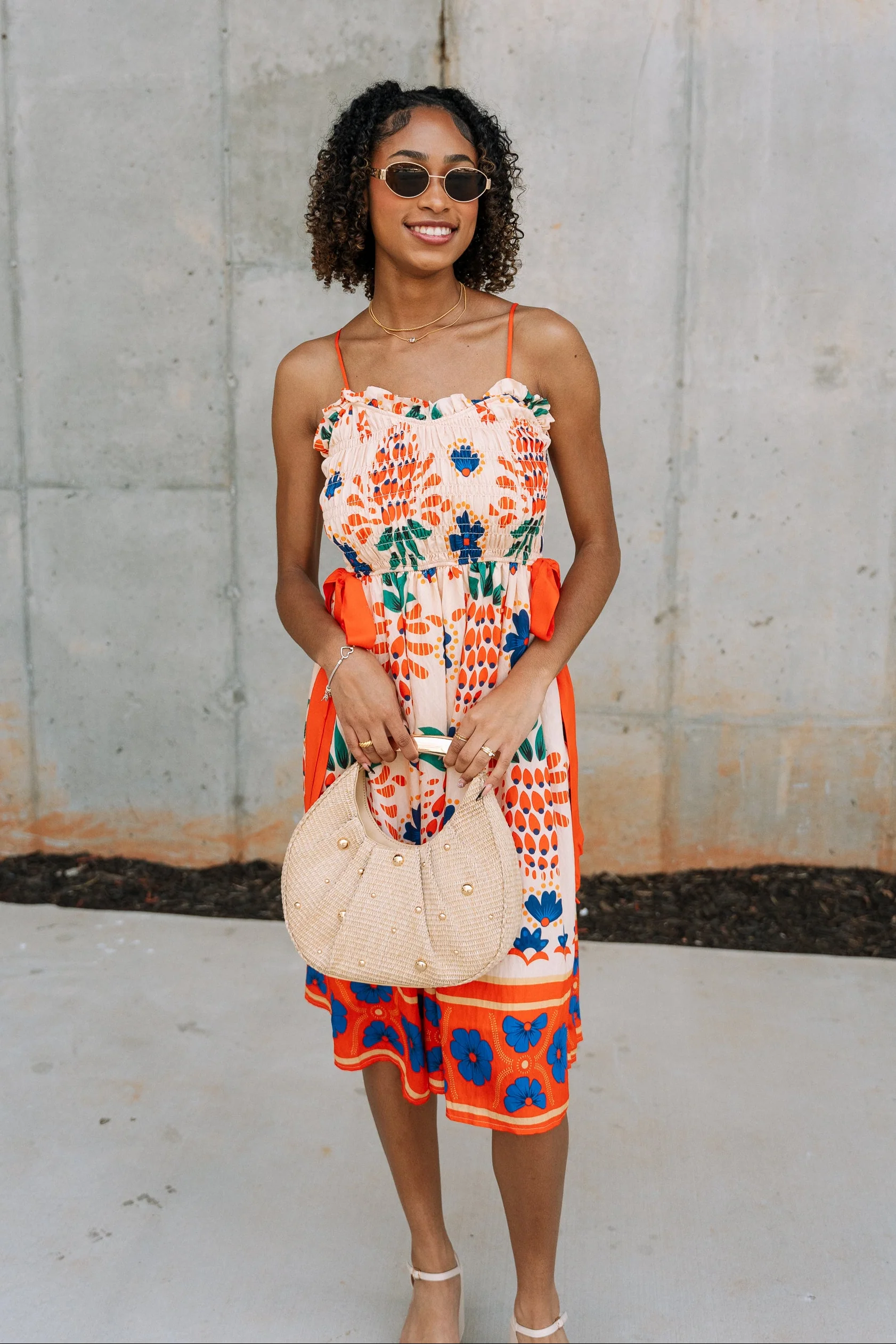 Penelope Orange Tropical Print Midi Dress - Image 2