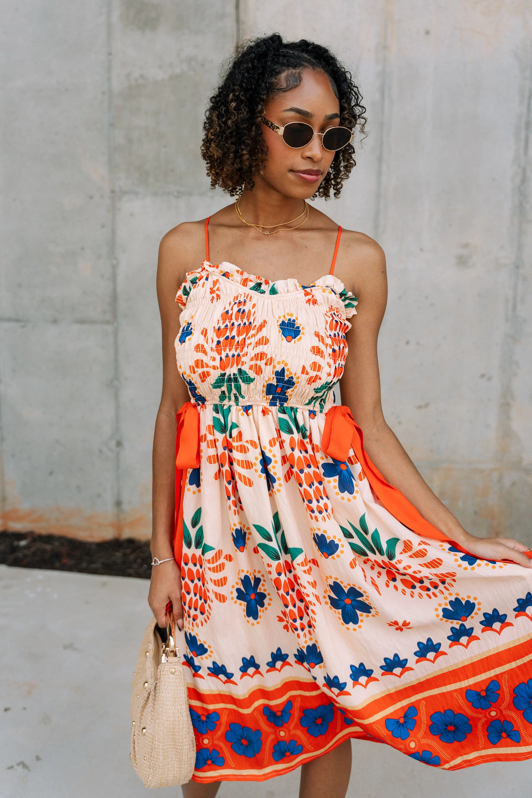 Penelope Orange Tropical Print Midi Dress - Image 3