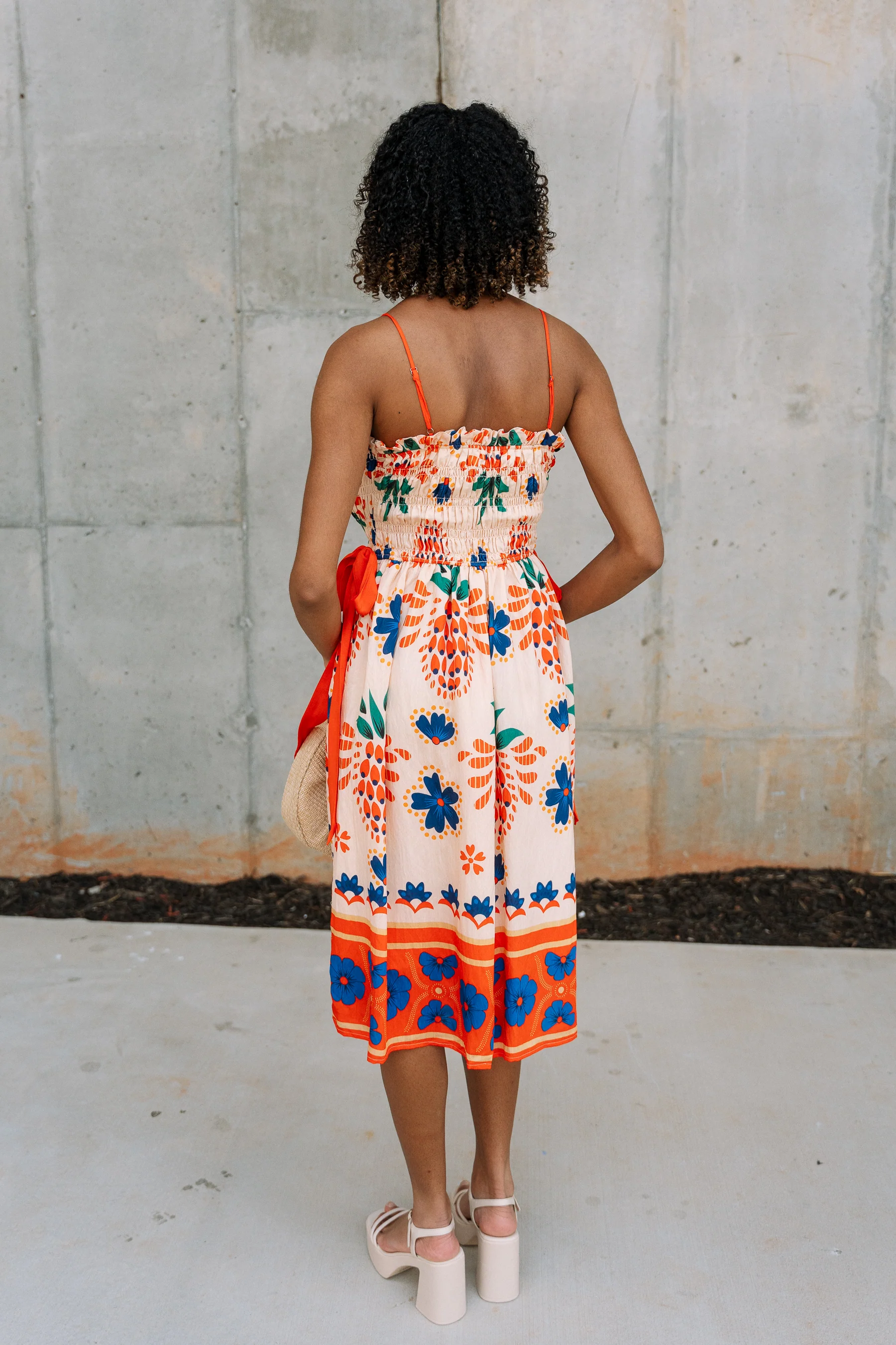 Penelope Orange Tropical Print Midi Dress - Image 7