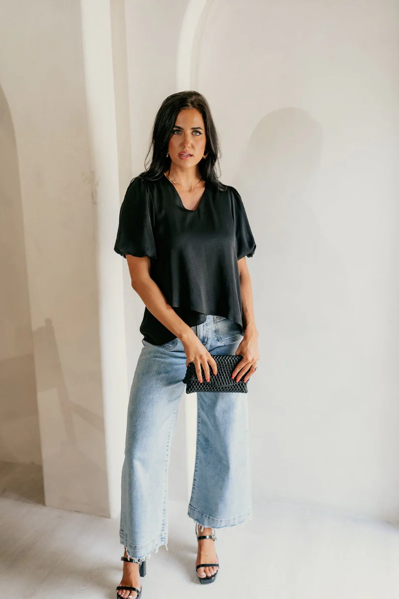 Pennie Black Satin Short Sleeve Top - Image 2