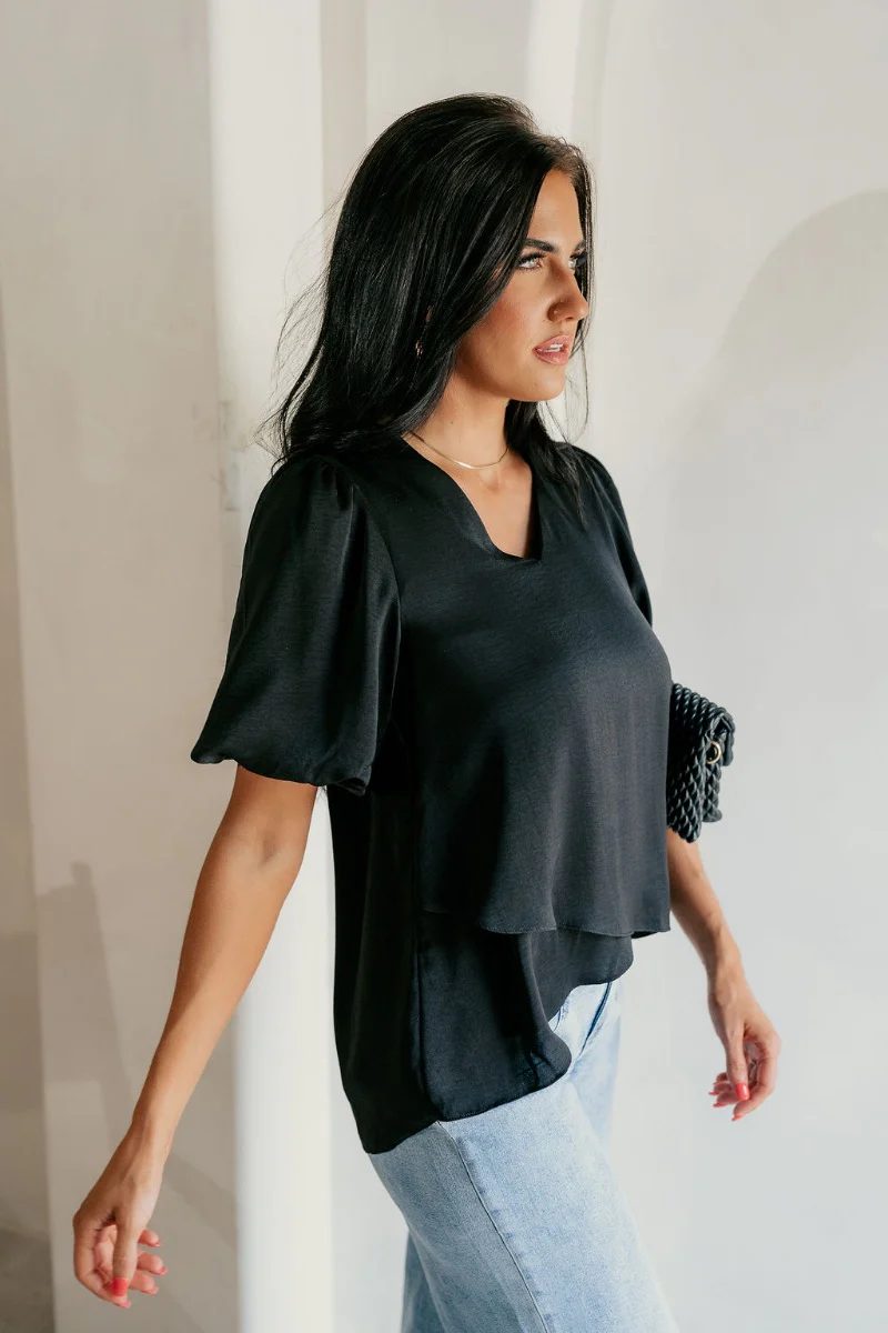 Pennie Black Satin Short Sleeve Top - Image 3