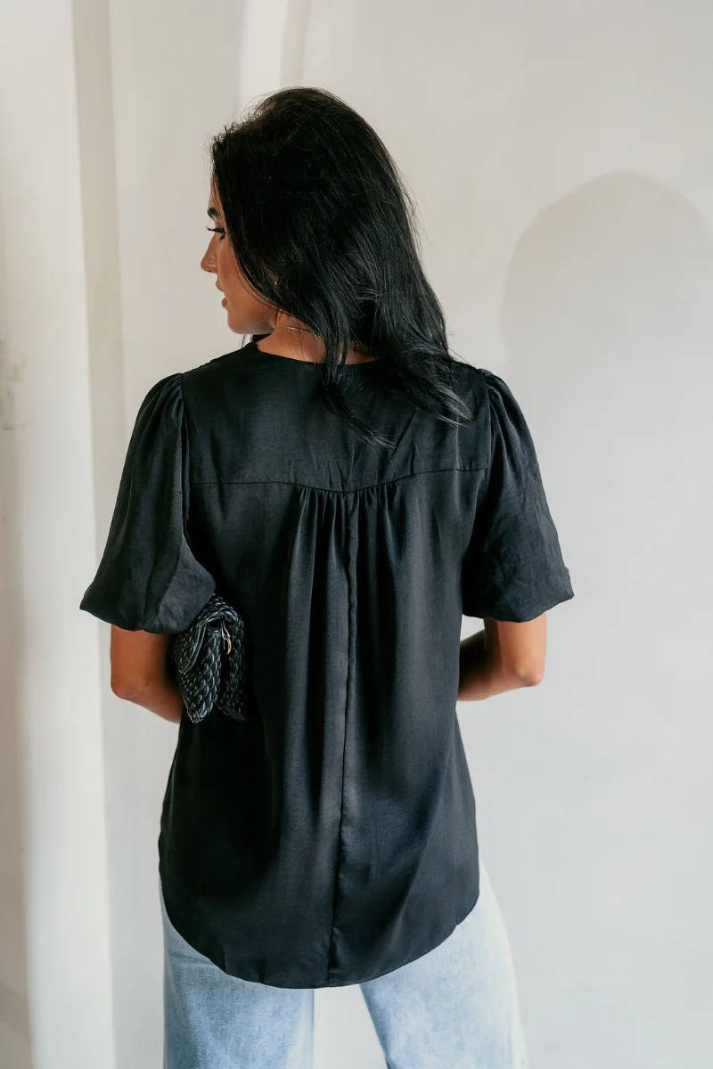 Pennie Black Satin Short Sleeve Top - Image 5