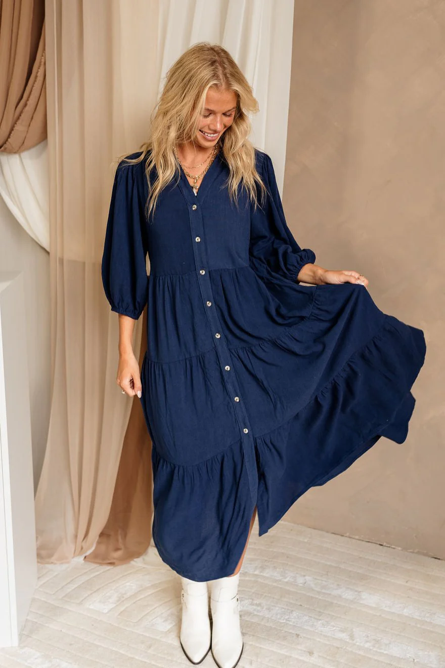 Penny Button Up 3/4 Sleeve Midi Dress