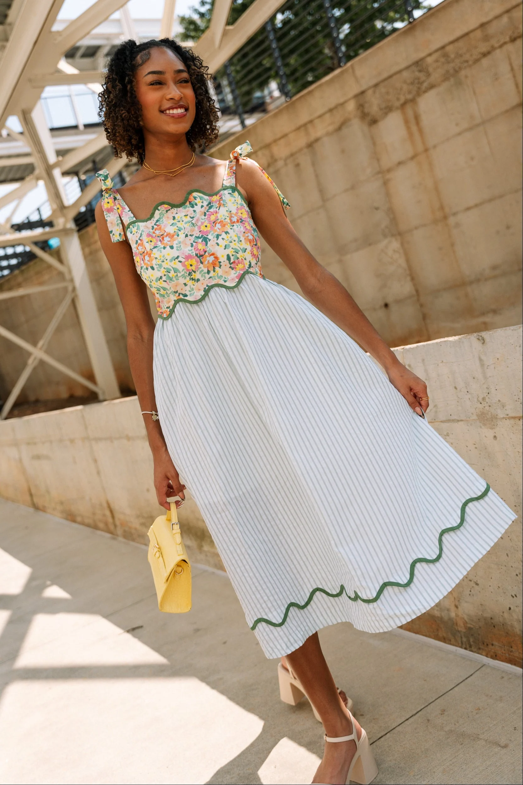 Peyton Floral & Stripe Tie Strap Midi Dress