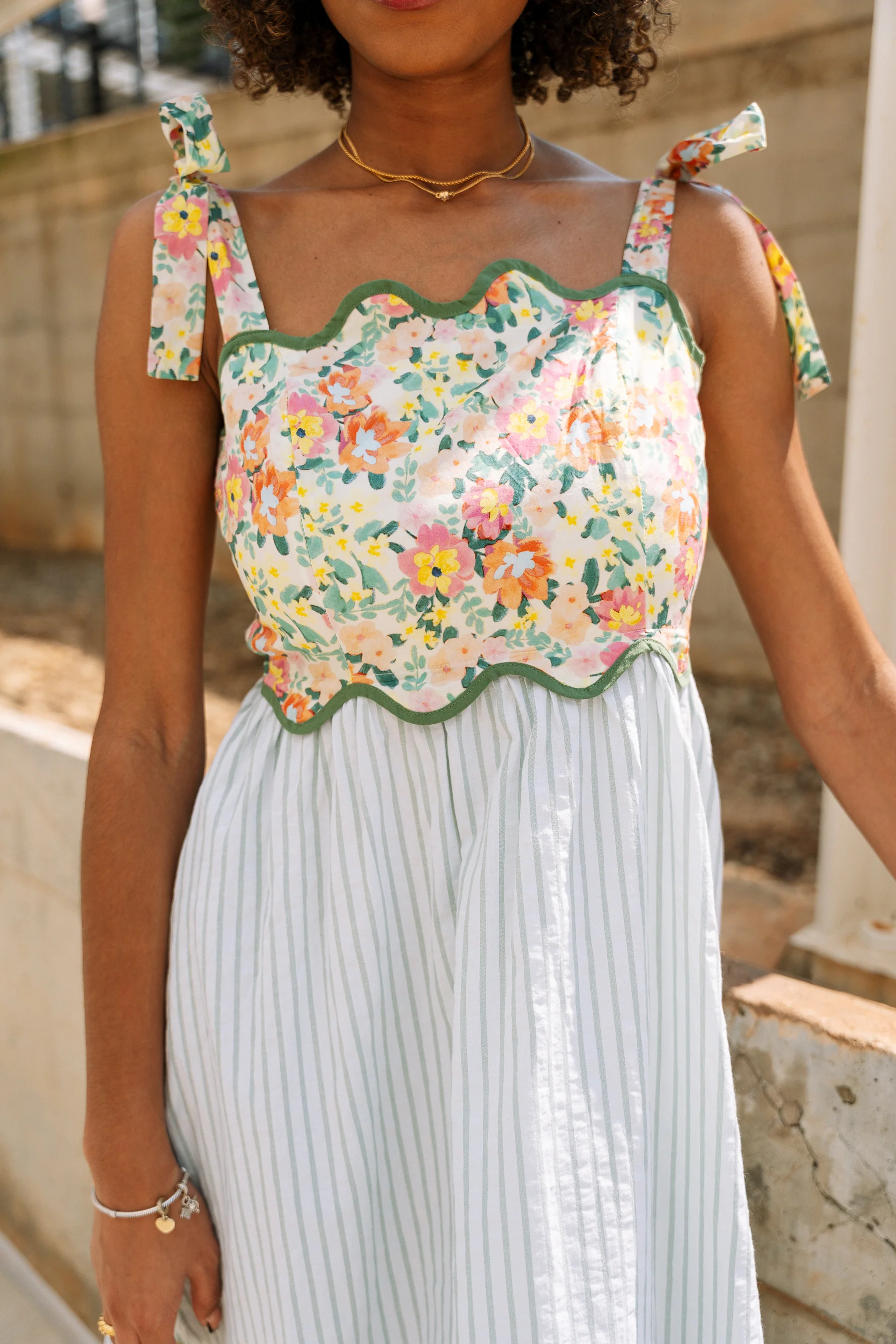 Peyton Floral & Stripe Tie Strap Midi Dress - Image 3