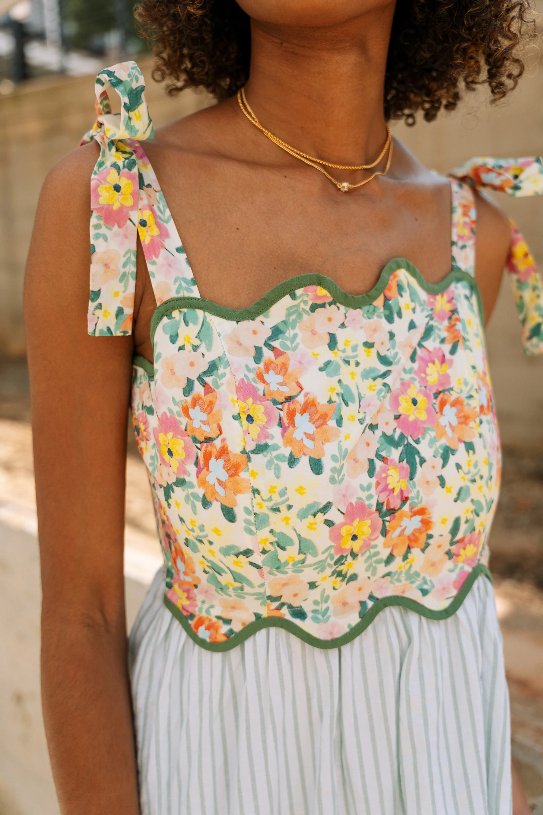 Peyton Floral & Stripe Tie Strap Midi Dress - Image 5