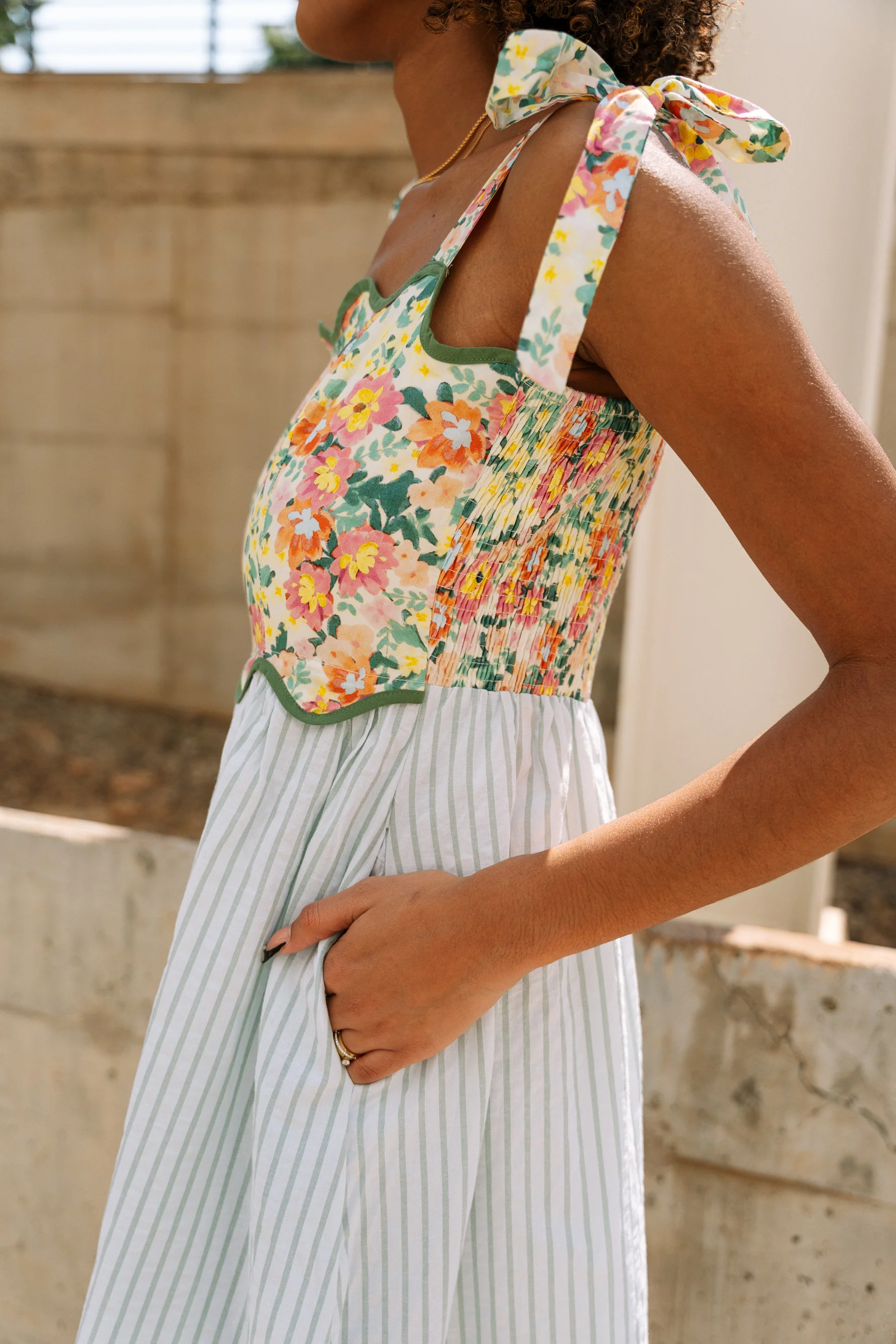 Peyton Floral & Stripe Tie Strap Midi Dress - Image 6