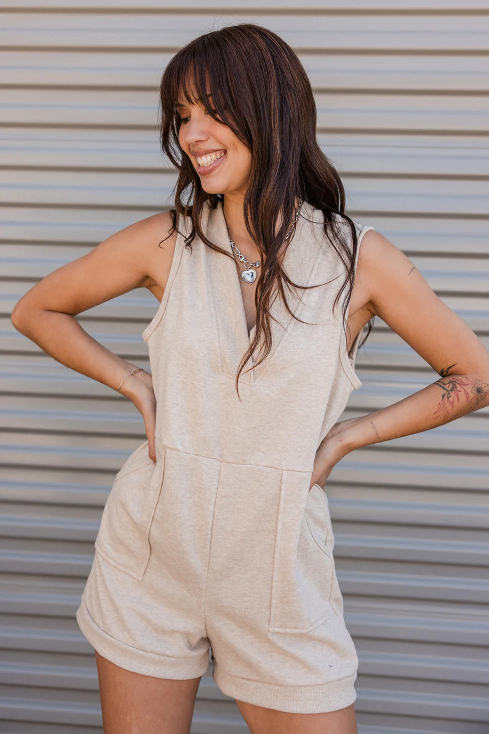 Phoebe Beige Knit Sleeveless Romper