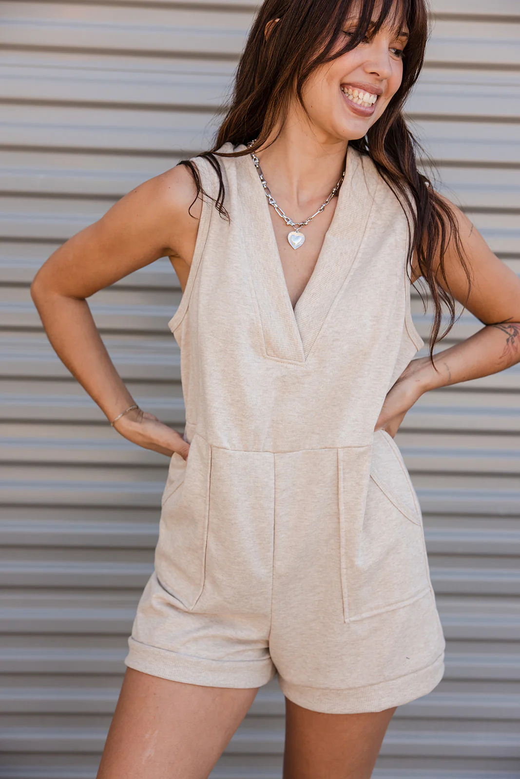 Phoebe Beige Knit Sleeveless Romper - Image 3