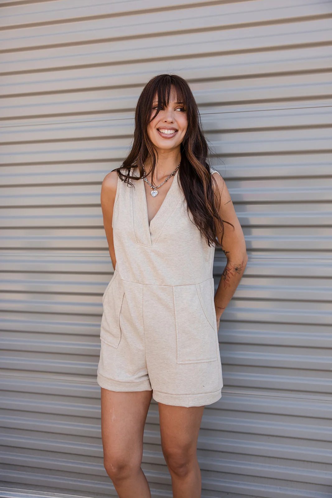 Phoebe Beige Knit Sleeveless Romper - Image 6