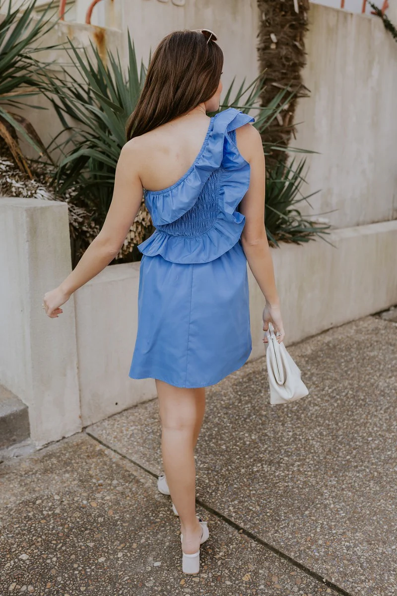 Phoebe Blue Smocked Mini Dress - Image 7