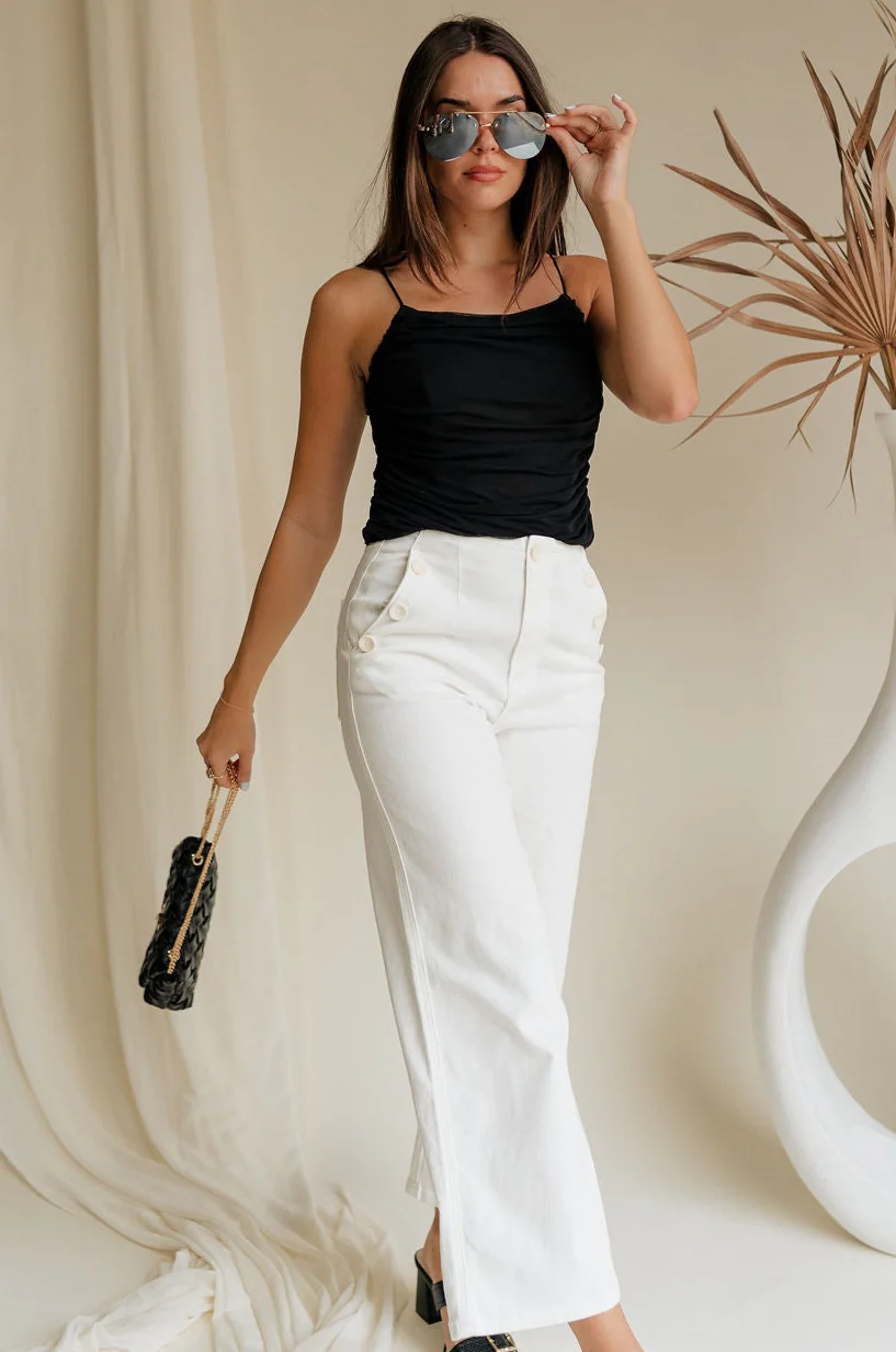 Poppy White Buttoned Wide Leg Pants - Image 2