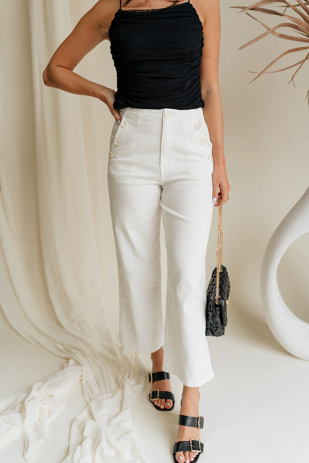 Poppy White Buttoned Wide Leg Pants - Image 3