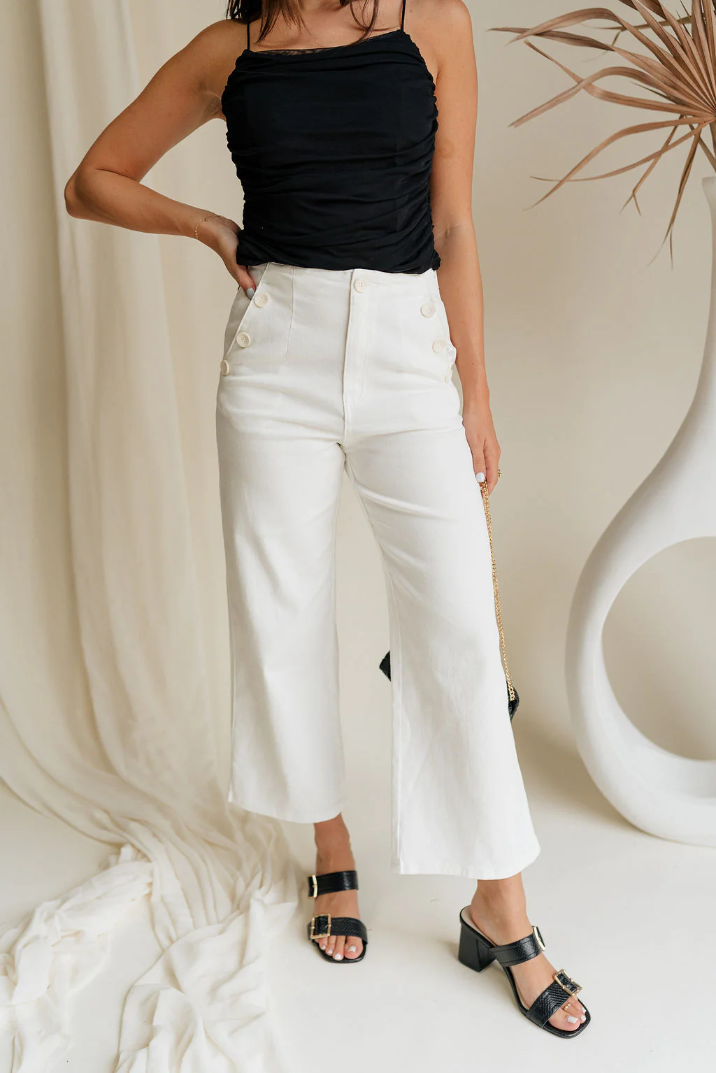 Poppy White Buttoned Wide Leg Pants - Image 7