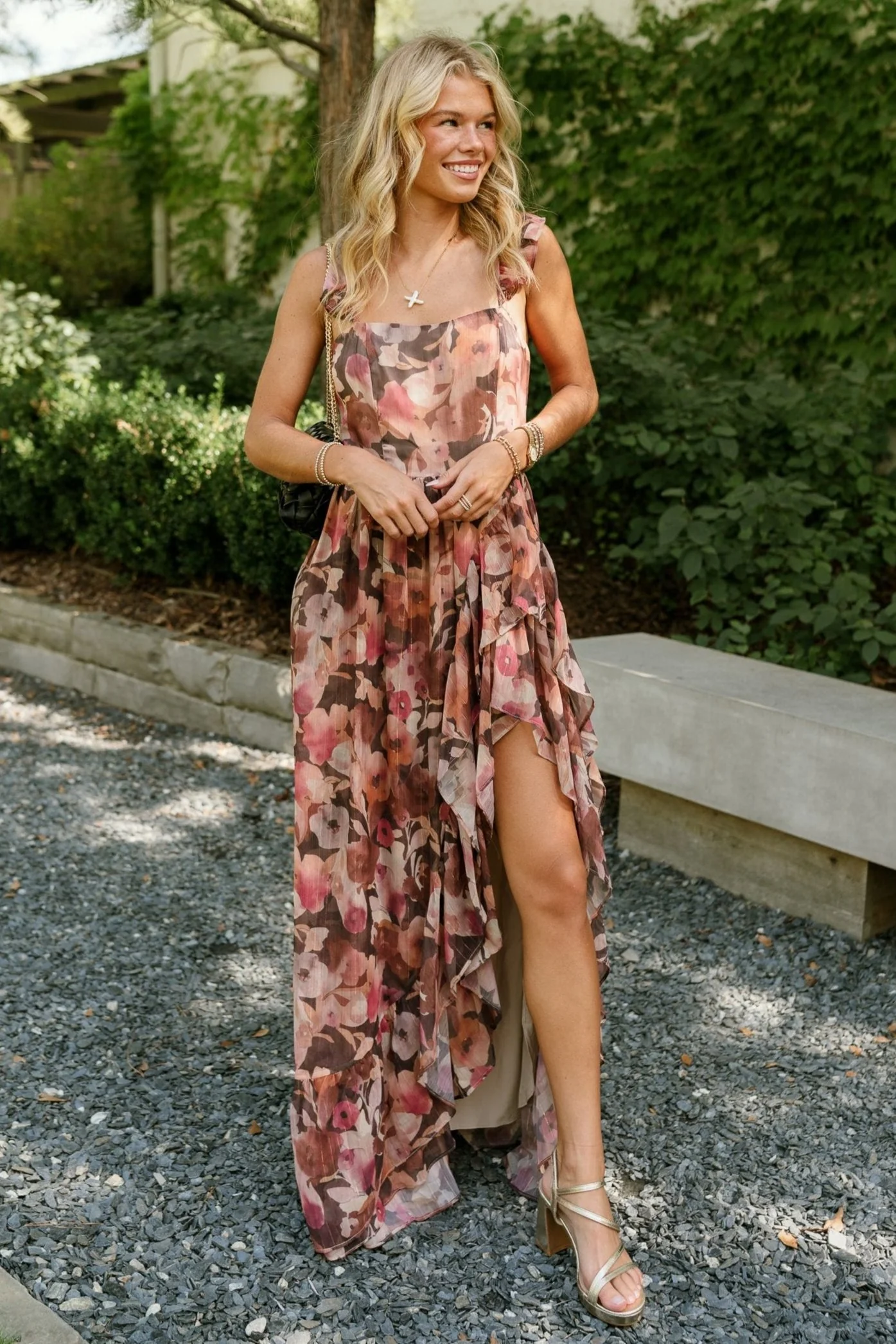Daphne Brown & Pink Floral Ruffle Maxi Dress
