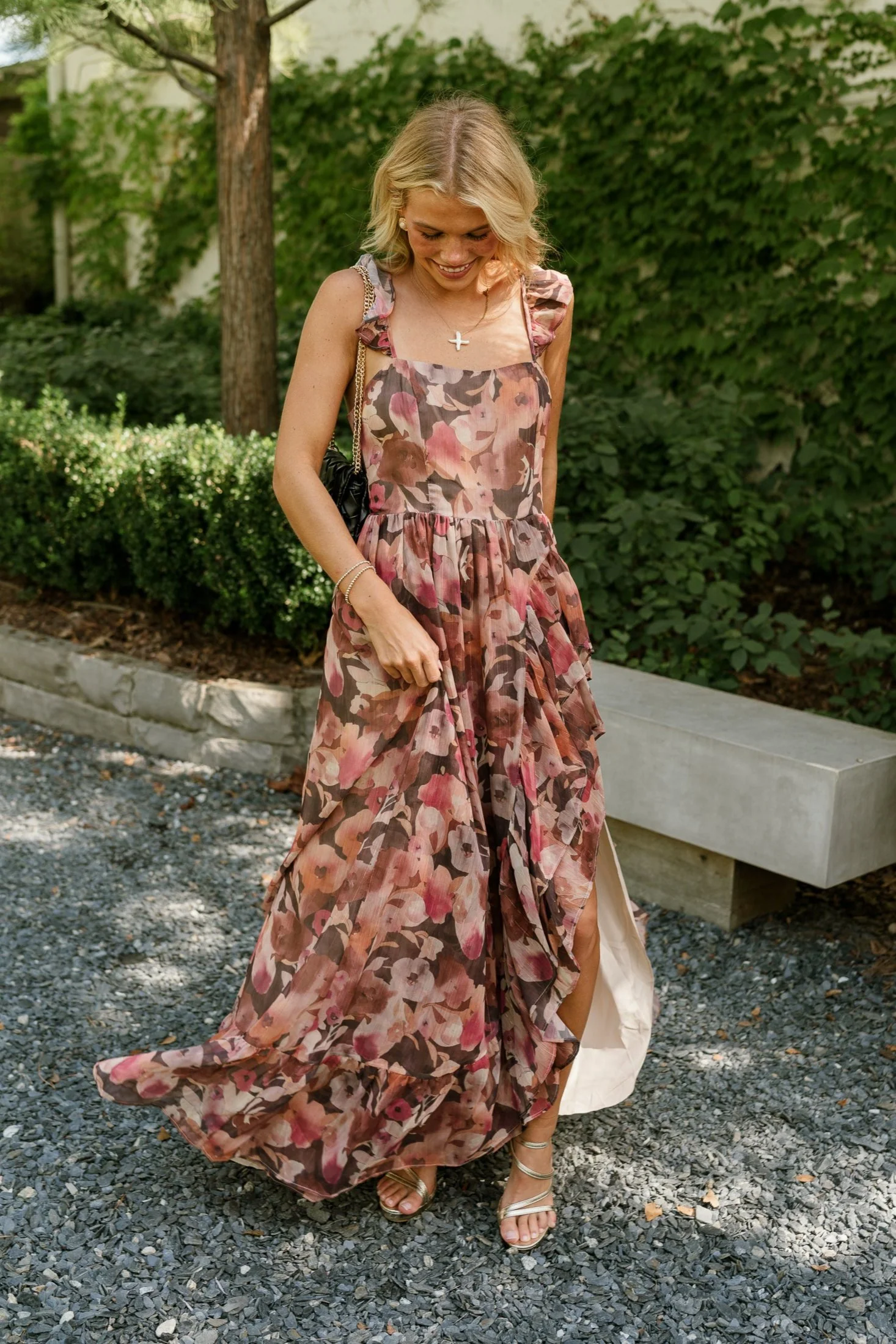 Daphne Brown & Pink Floral Ruffle Maxi Dress - Image 3