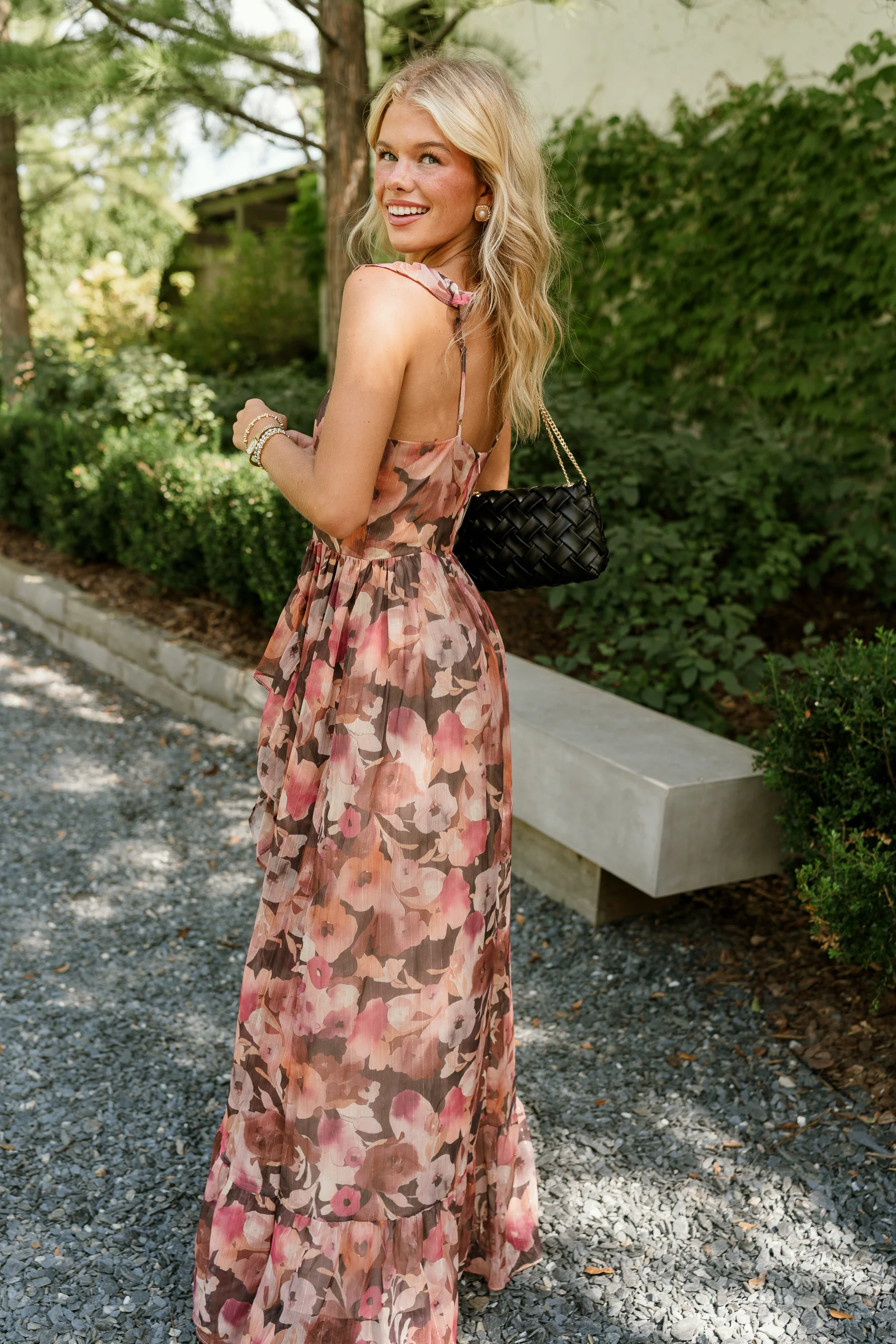 Daphne Brown & Pink Floral Ruffle Maxi Dress - Image 7