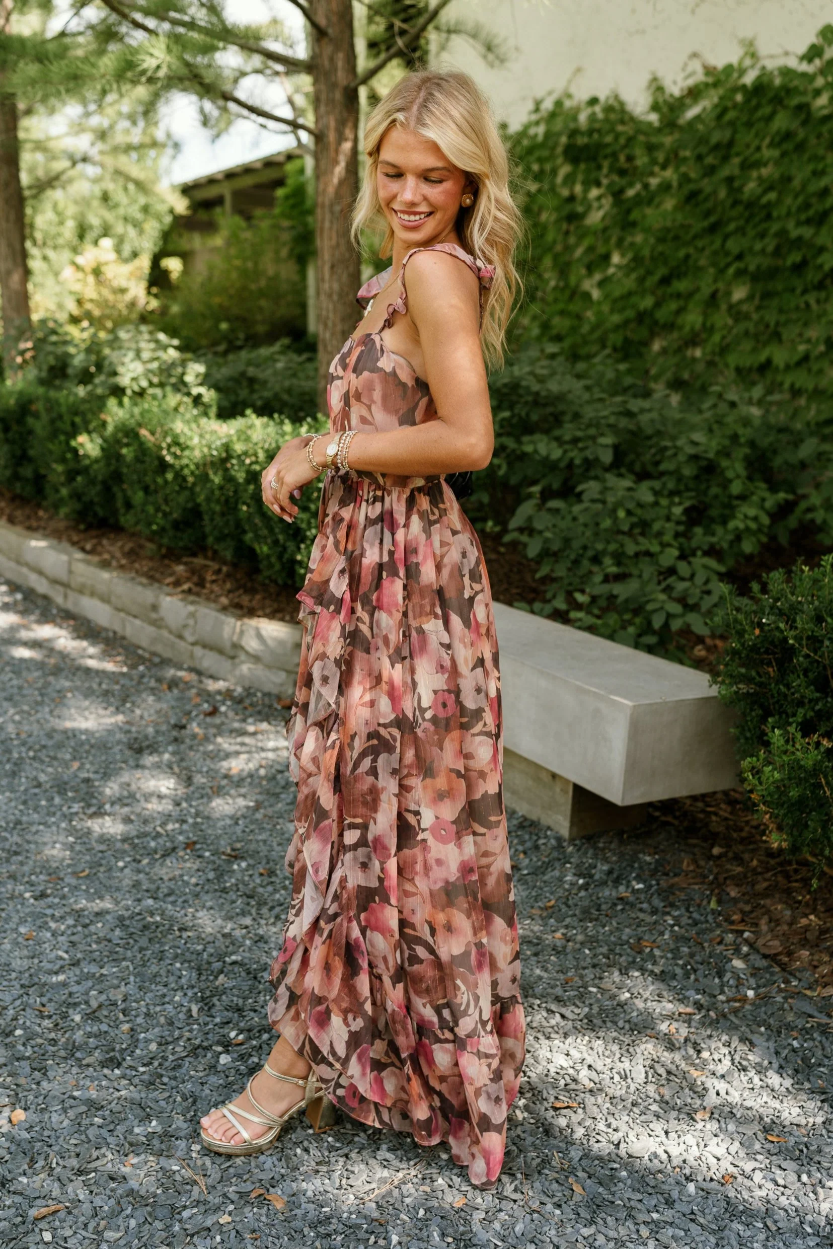 Daphne Brown & Pink Floral Ruffle Maxi Dress - Image 8