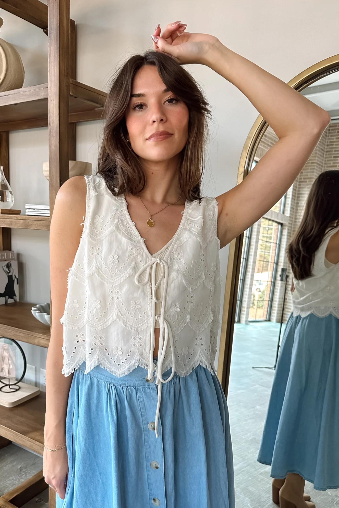Presley Off White Eyelet Scallop Tie Tank