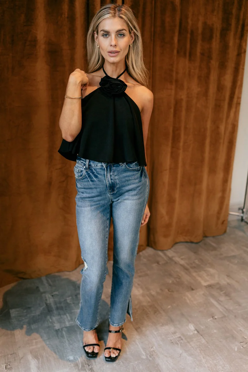 Priscilla Black Rose Detail Halter Top