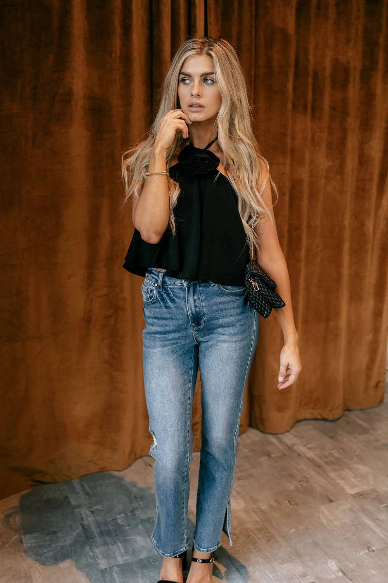 Priscilla Black Rose Detail Halter Top - Image 2