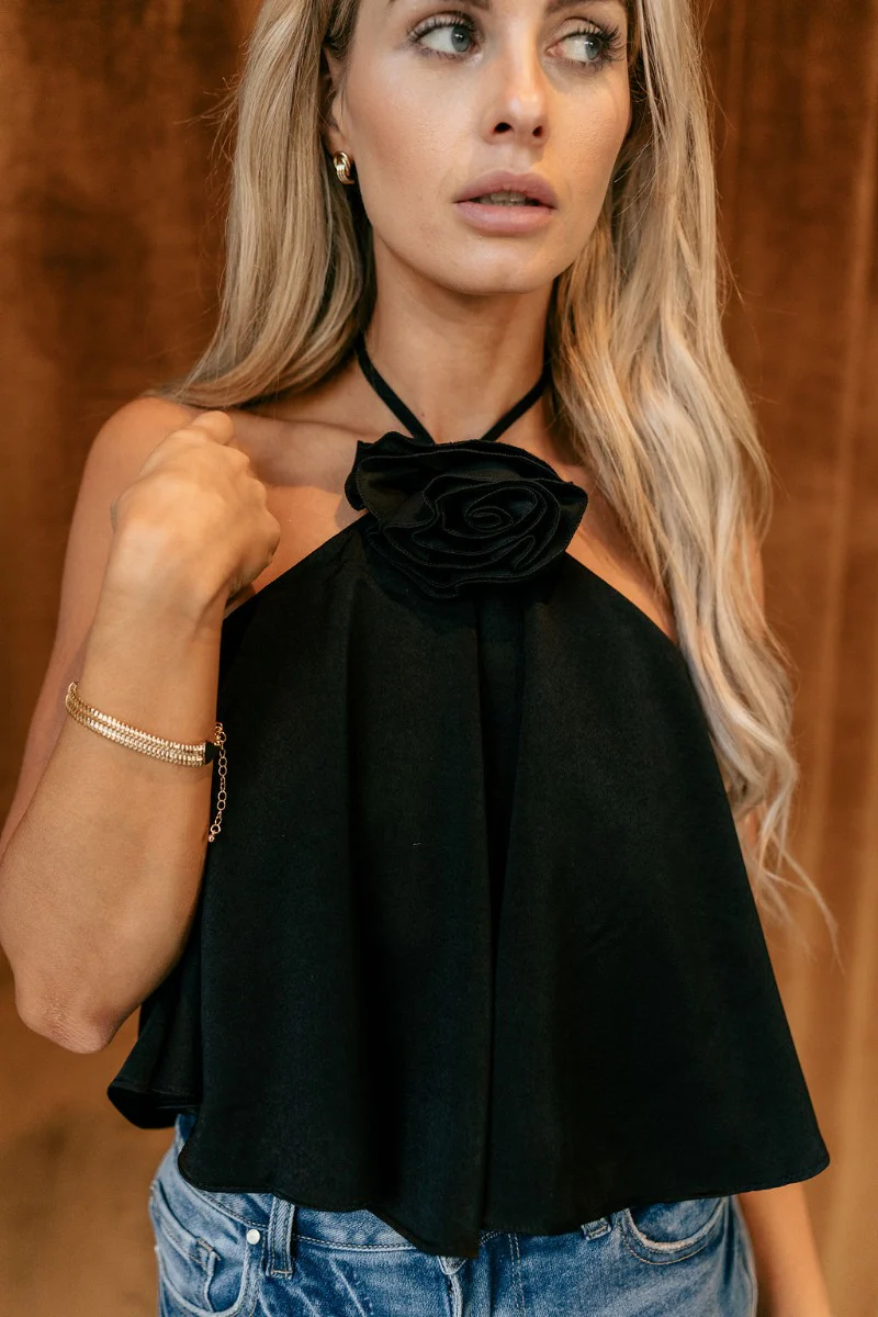 Priscilla Black Rose Detail Halter Top - Image 3