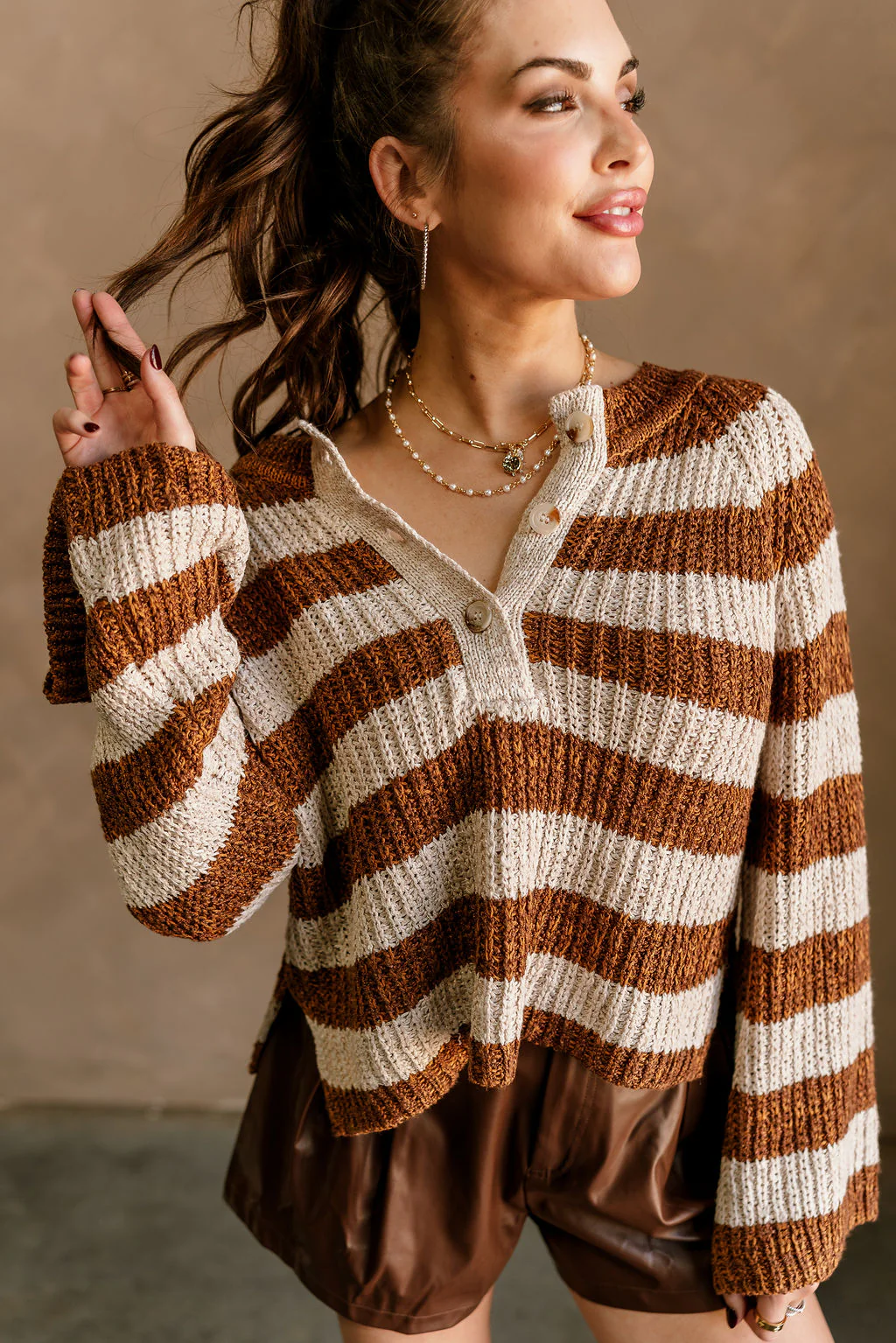 Quinn Cream & Caramel Brown Stripe Sweater - Image 2
