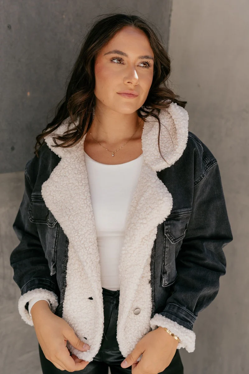 Quinn Washed Black Denim & Sherpa Long Sleeve Jacket