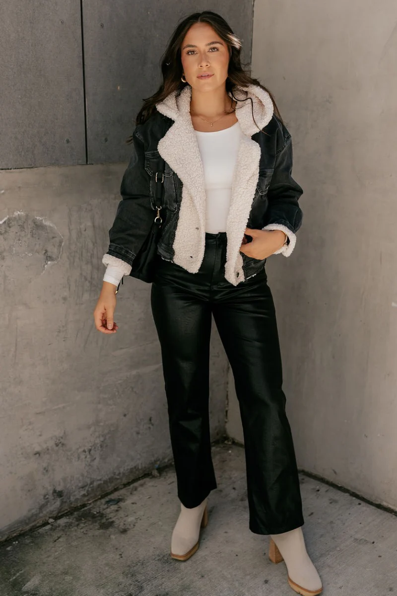 Quinn Washed Black Denim & Sherpa Long Sleeve Jacket - Image 2