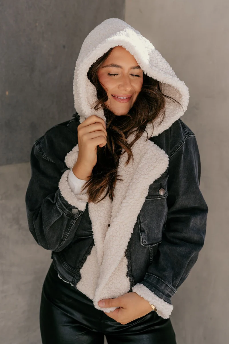 Quinn Washed Black Denim & Sherpa Long Sleeve Jacket - Image 4
