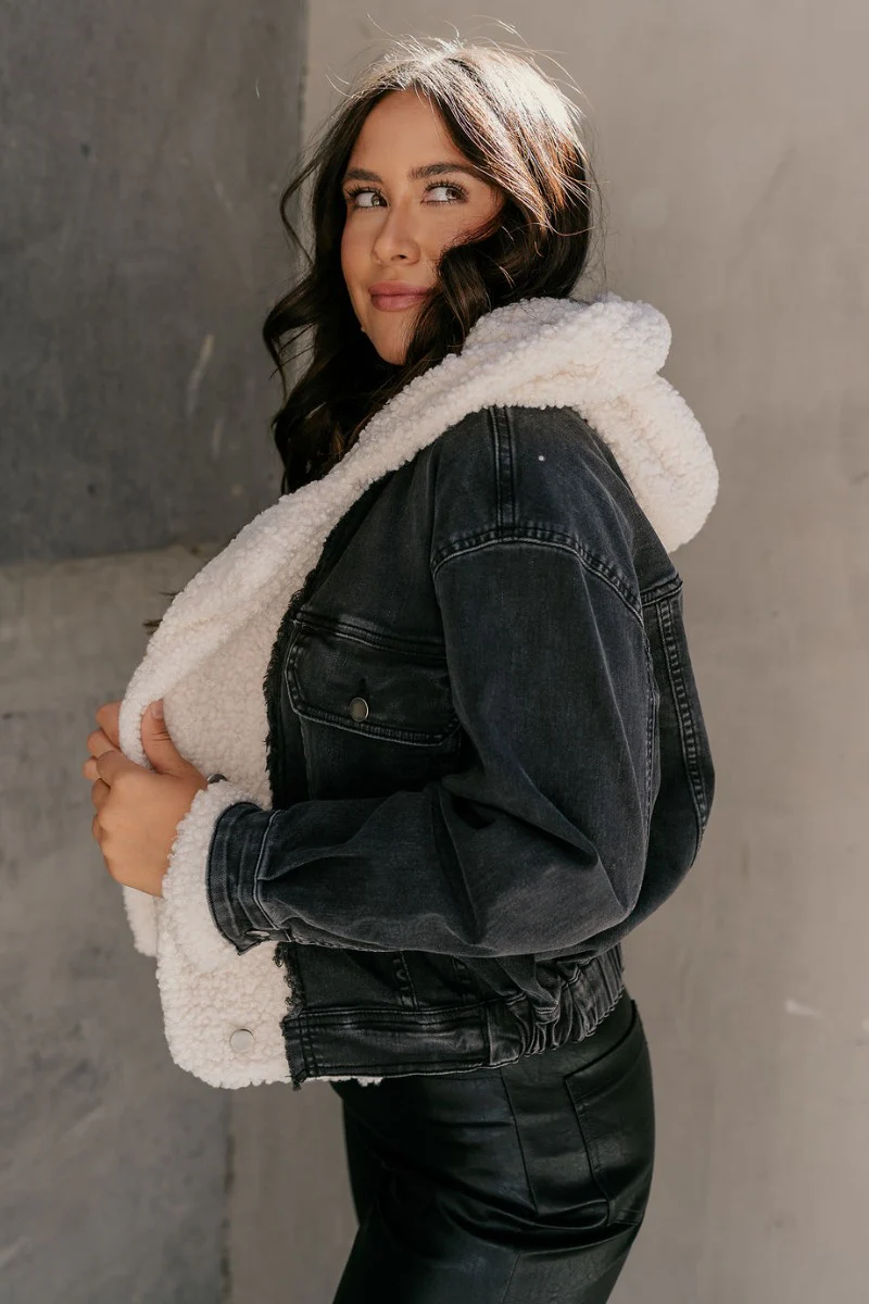 Quinn Washed Black Denim & Sherpa Long Sleeve Jacket - Image 5