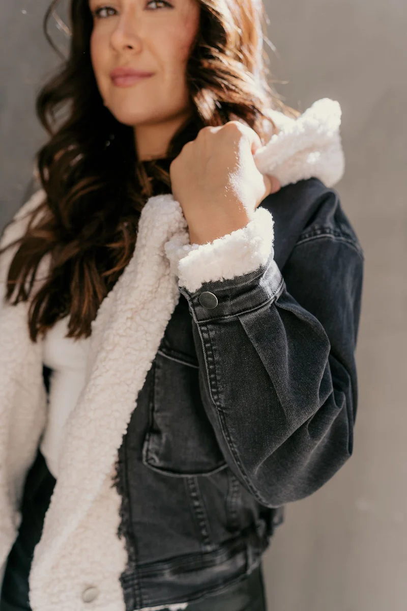 Quinn Washed Black Denim & Sherpa Long Sleeve Jacket - Image 6