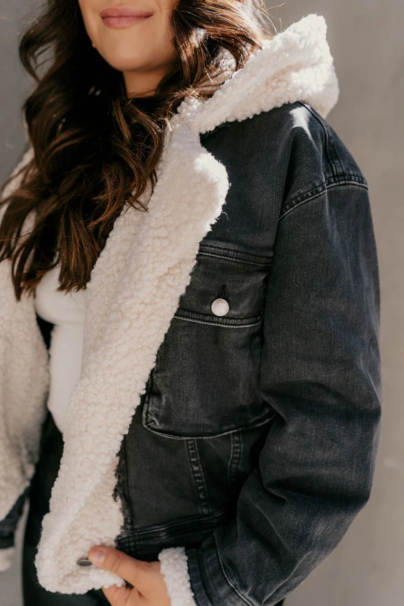Quinn Washed Black Denim & Sherpa Long Sleeve Jacket - Image 7