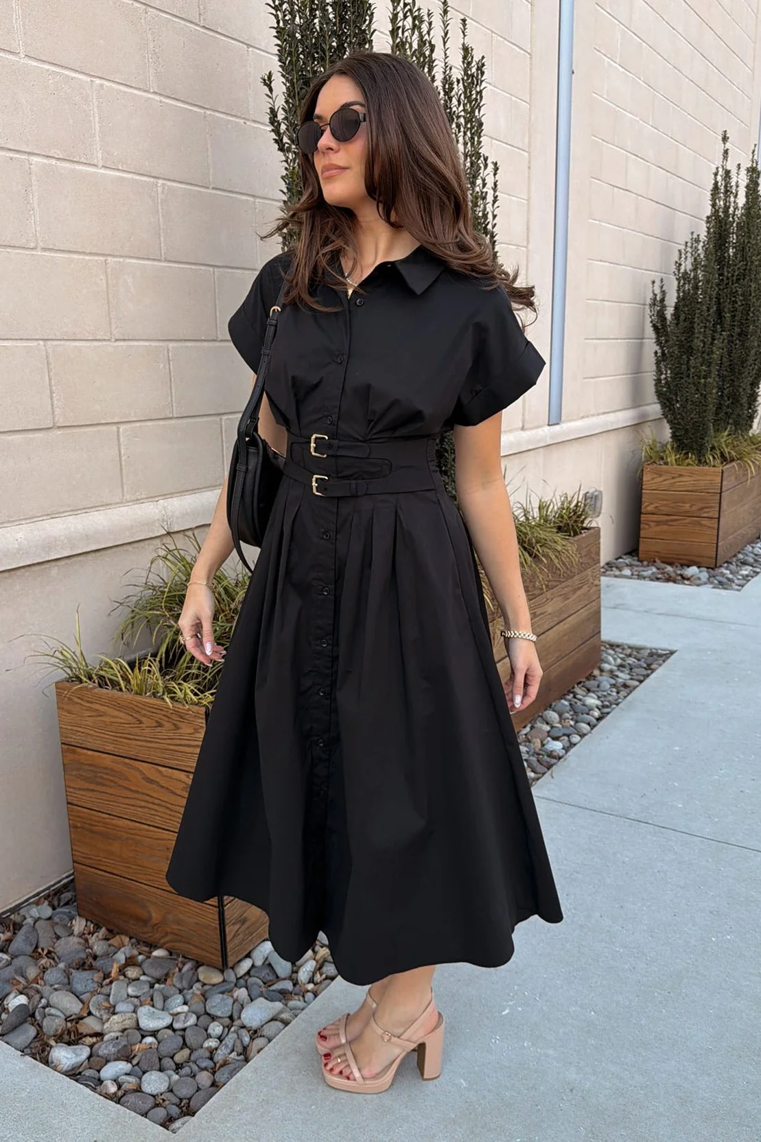 Rachel Black Belt Flare Midi Dress